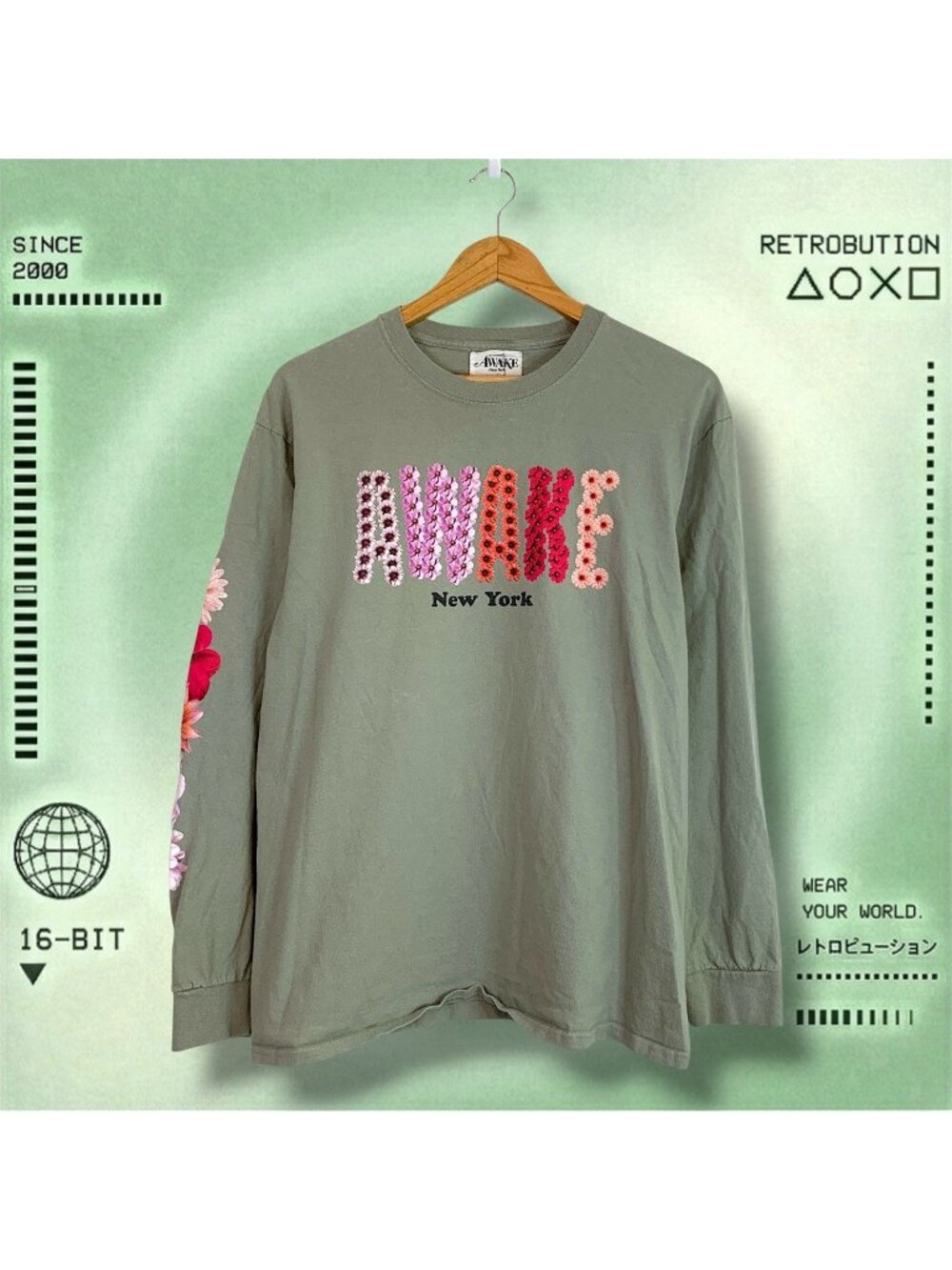 Awake New York Flower Spell Out Long Sleeve Shirt Green Size L